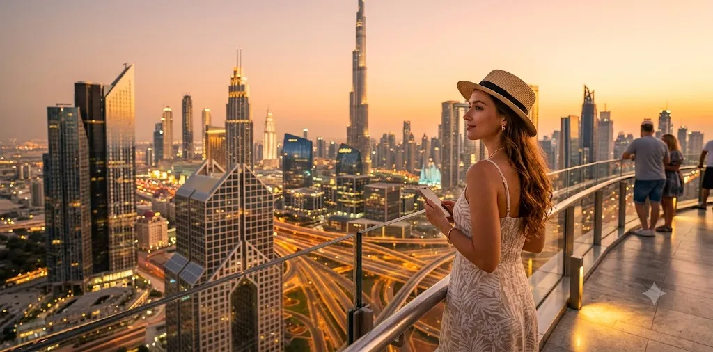 Traveler Admiring Dubai Skyline At Sunset