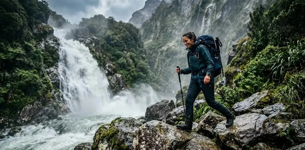 Hiker Standing Beside A powerful Mountain waterfall