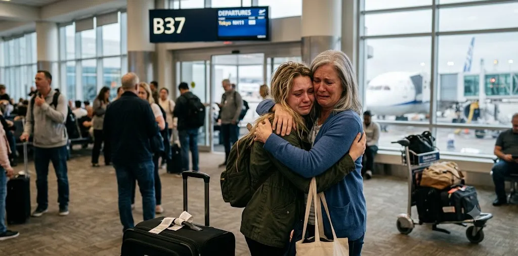 Emotional Farewell Hug At Airport Terminal