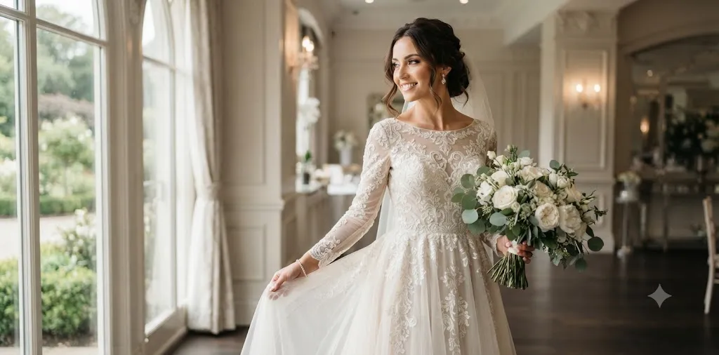Bride Posing Gracefully In Her Wedding Dress