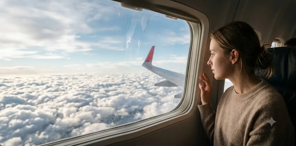 Airplane flying Above Soft white Clouds