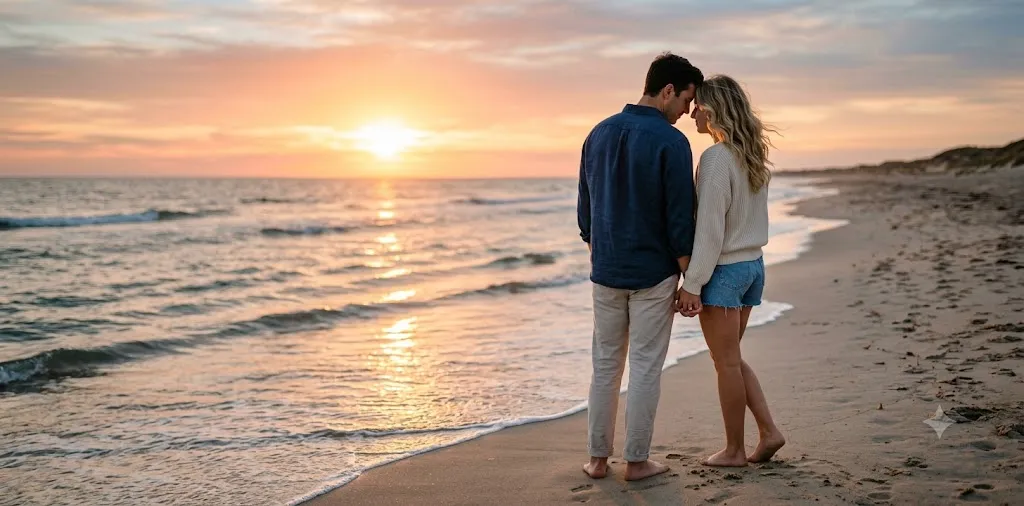 Couple Embracing During Sunrise Beach Moment