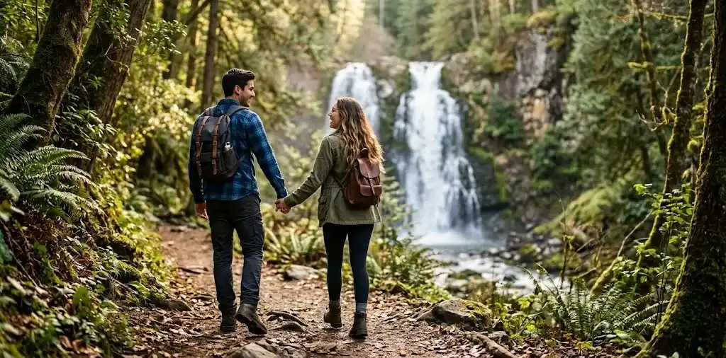 Couple Holding Hands Beside a Scenic Waterfall