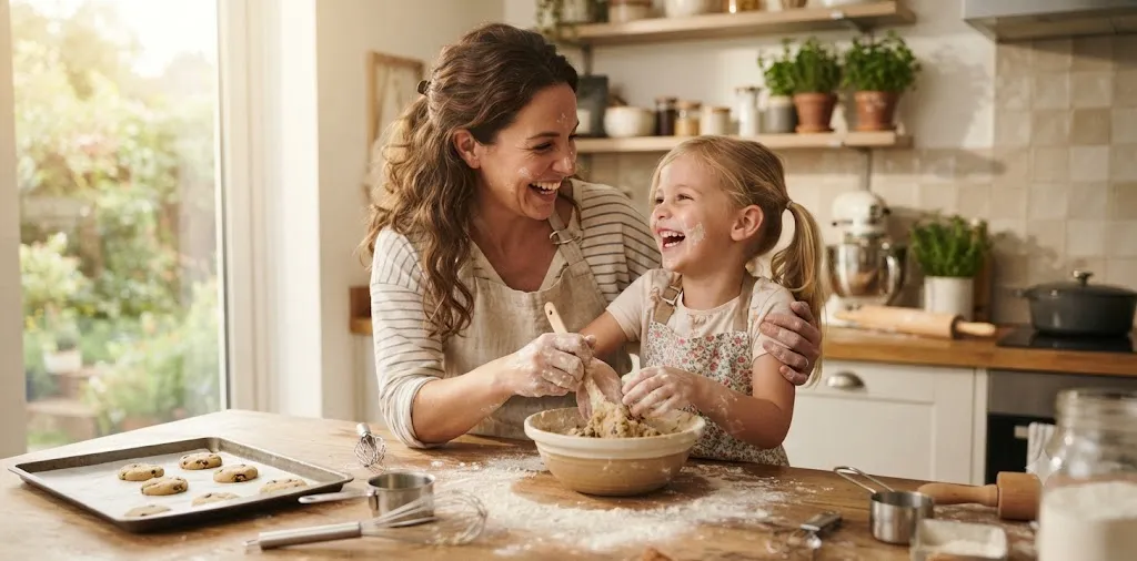 Mother Hugging Daughter In The kitchen