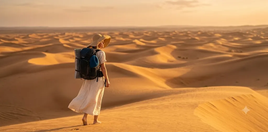 Woman Relaxing On Desert Viewpoint 
At Sunset