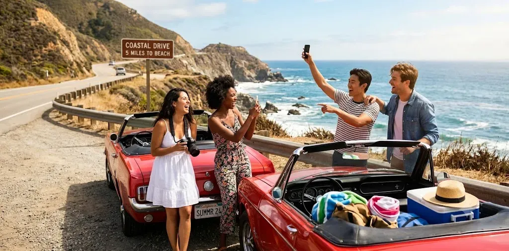 Friends Laughing During Sunny Road Trip