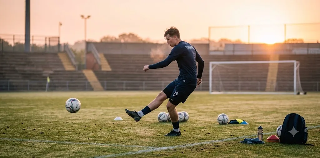 Footballer Training Alone At Sunrise