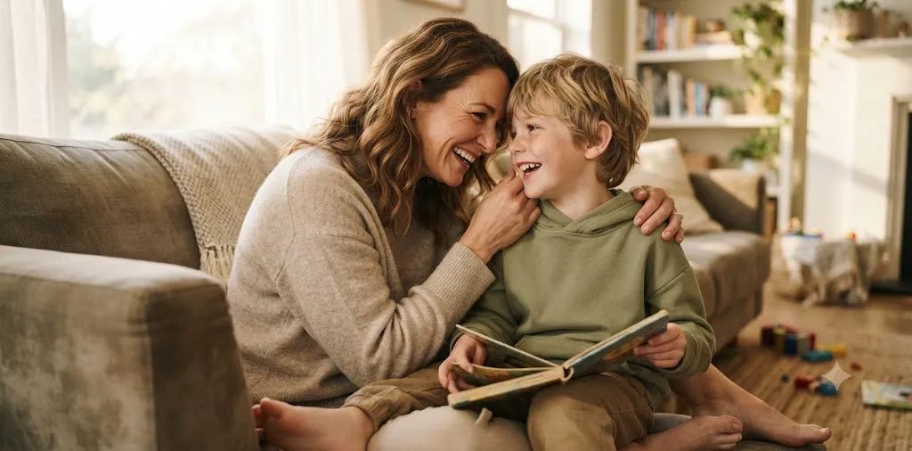 Mother And Son Smiling For Family Photo