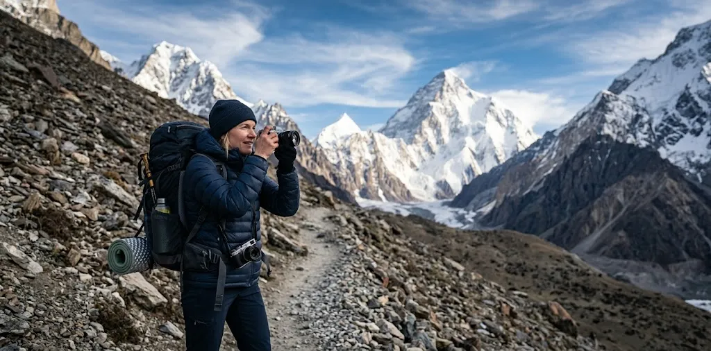 Hiker Photographing Dramatic Karakoram Mountain Scenery