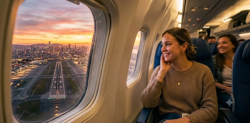 Airplane landing over City Runway At Sunset
