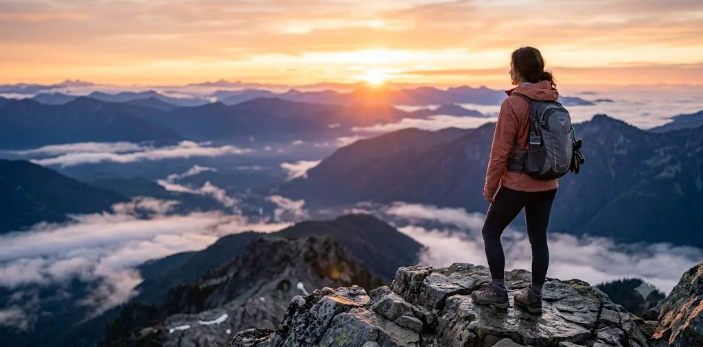 Traveler Watching Sunrise Over Mountains