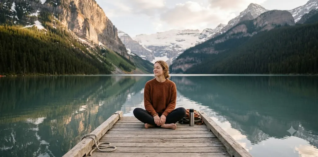 Woman Relaxing Beside Quiet Mountain Lake