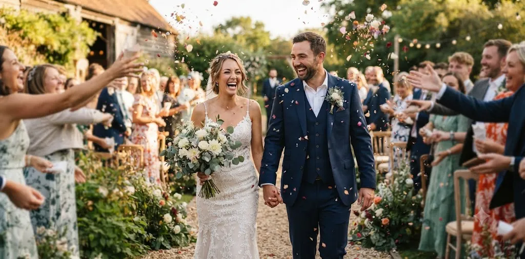 Newlyweds Celebrating Outside The Wedding Venue