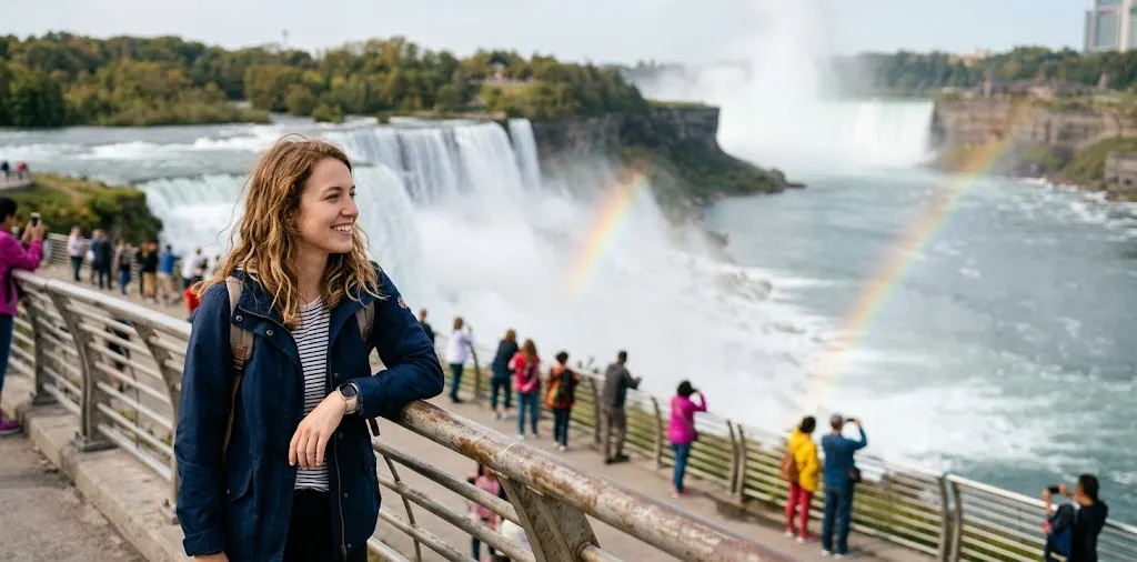 Traveler Overlooking Niagara Falls From Viewing Platform