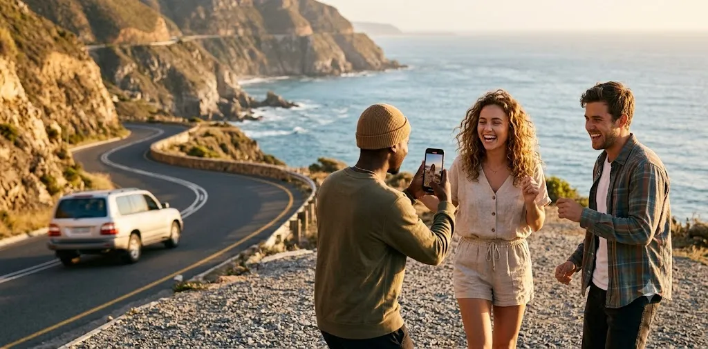 Friends filming a scenic roadside adventure