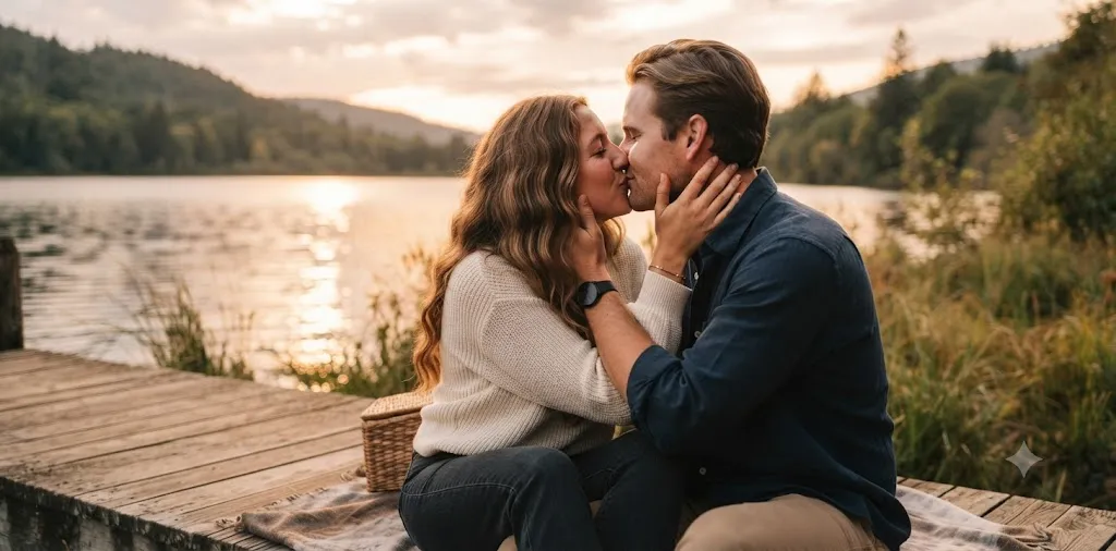Couple sharing romantic kiss sunset moment