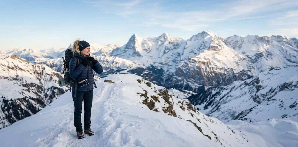 Traveler Enjoying Snowy Mountain Landscape At Sunrise