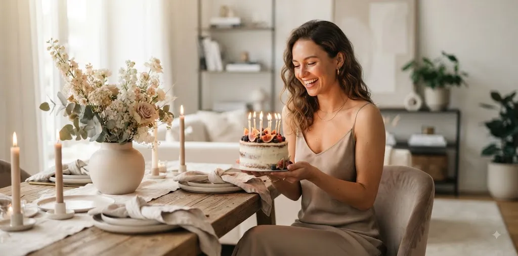 Woman Celebrating Birthday With Elegant Cake