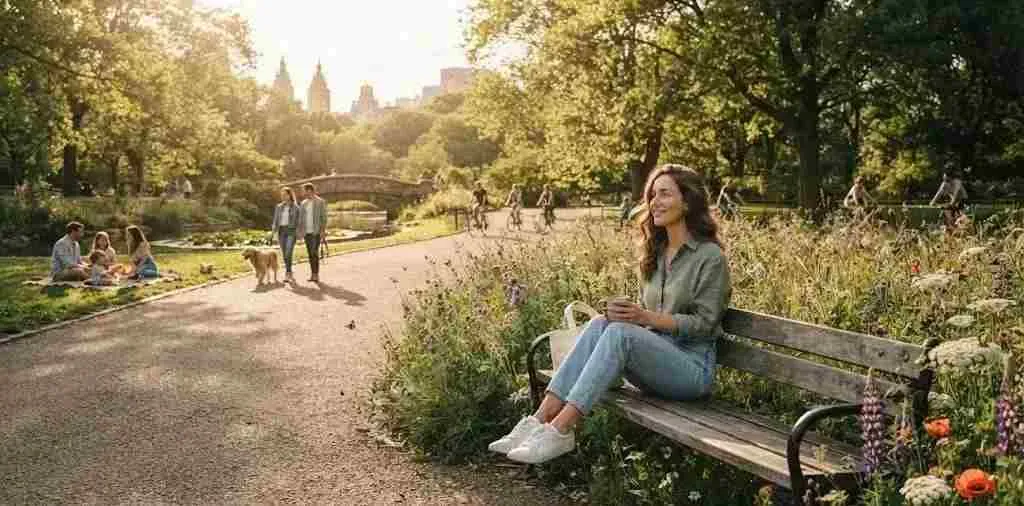 Woman Enjoying A Peaceful Park At Golden Hour