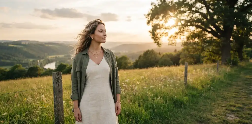 Woman Admiring A Dreamy Landscape At Golden Hour