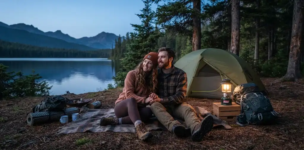 Couple Relaxing Beside A Lakeside Campsite