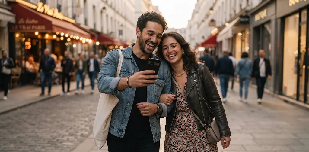 Couple Taking A Candid City Photo