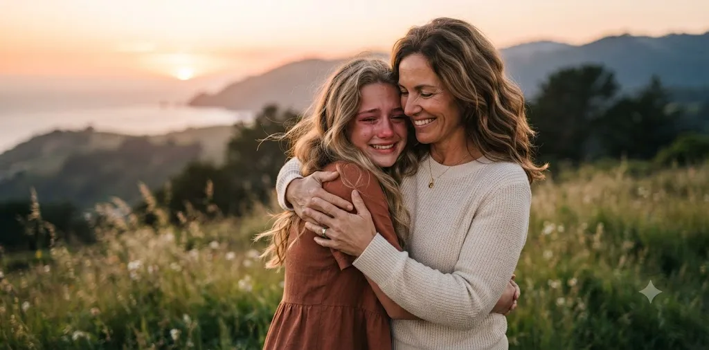 Mother Hugging Daughter Outdoors