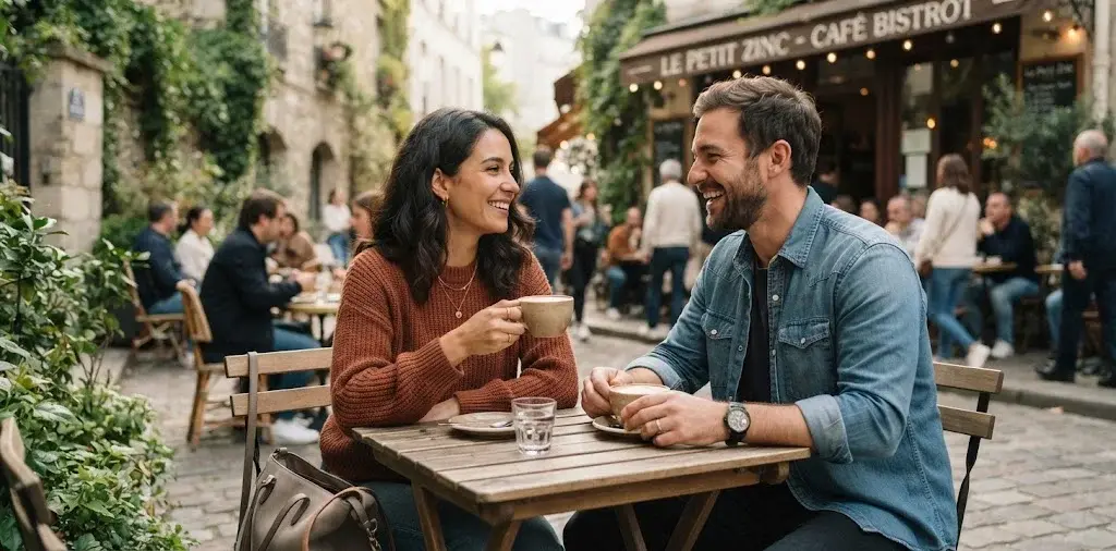 Couple Sharing Coffee At Outdoor Cafe