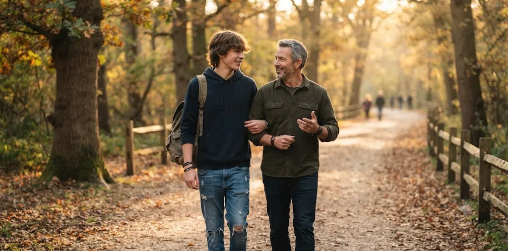 Son Walking With Parent Through Childhood Memories