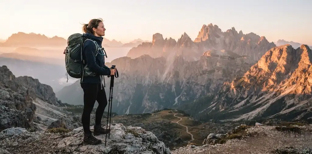 Hiker Reaching Mountain Viewpoint At Sunrise