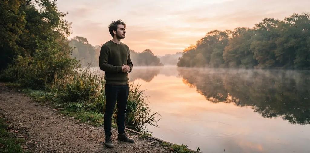 Man Reflecting Beside A Peaceful Park Lake