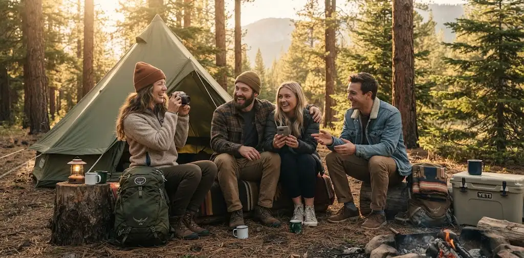 Friends Taking Photos At A Scenic Campsite
