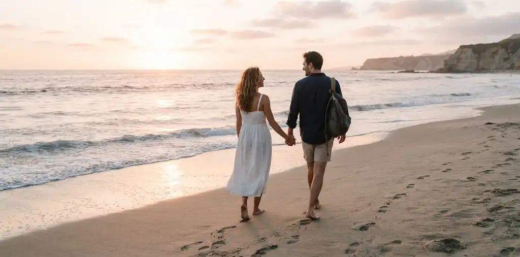 Couple walking Beside Ocean waves At Sunset