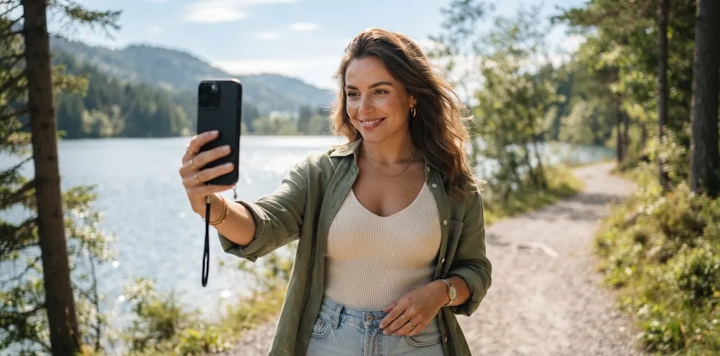 Woman Taking A Selfie Outdoors In Natural Light