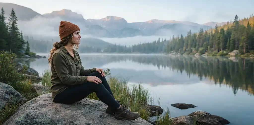 Woman Relaxing Beside A Quiet Mountain Lake