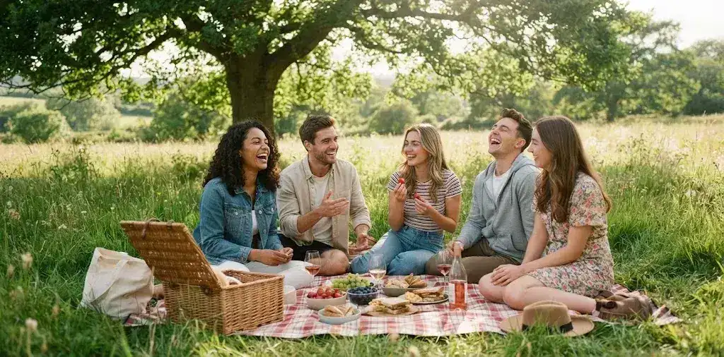 Friends Enjoying A Picnic In A Sunny Park