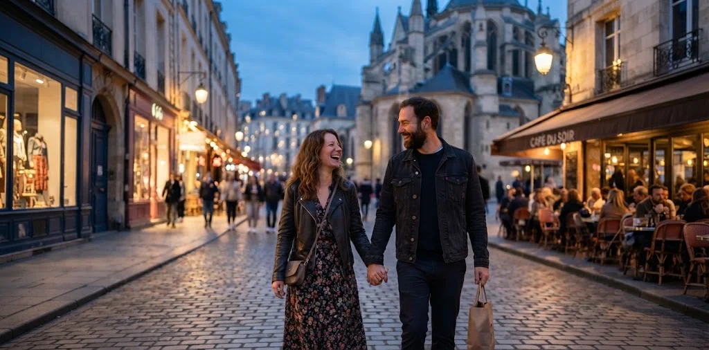 Couple Walking Together Through City Lights