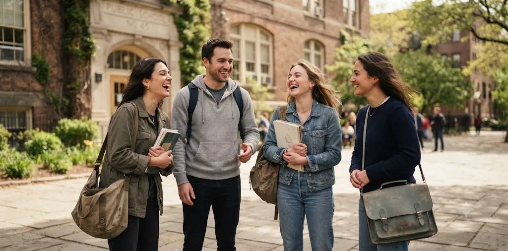 Friends Laughing Together Outside Their Old School