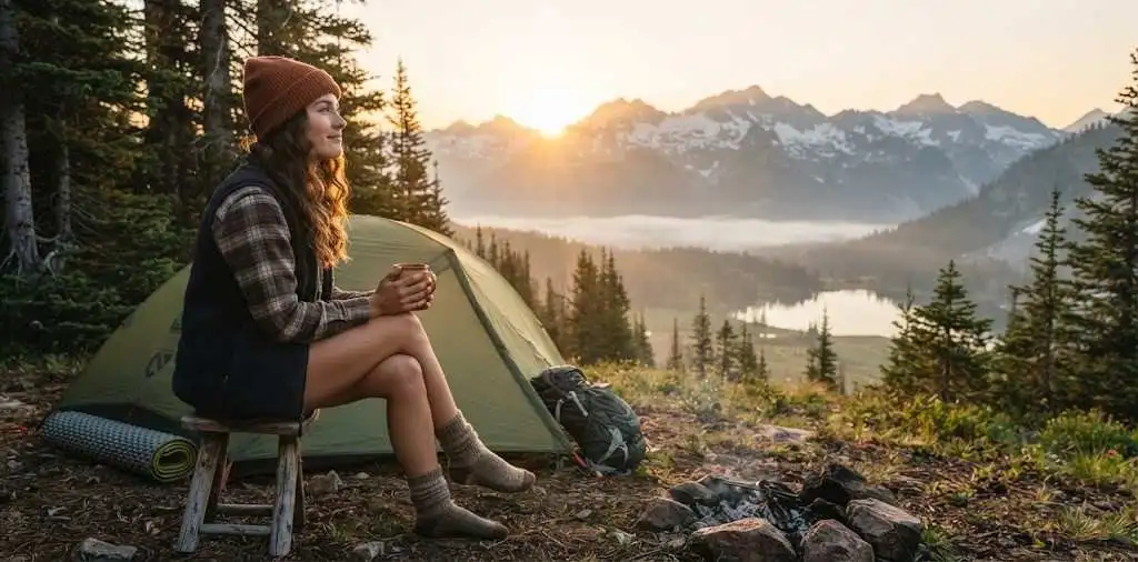 Camper watching Sunrise Beside A Tent