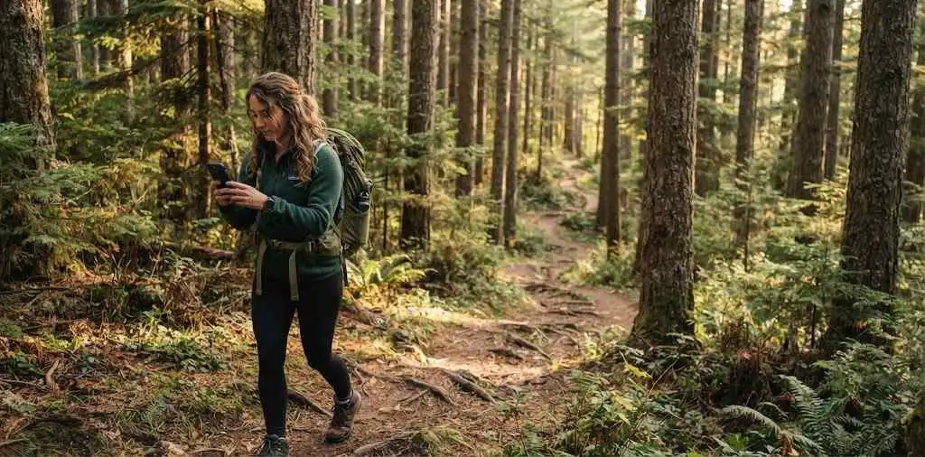 Hiker Photographing A Forest Trail