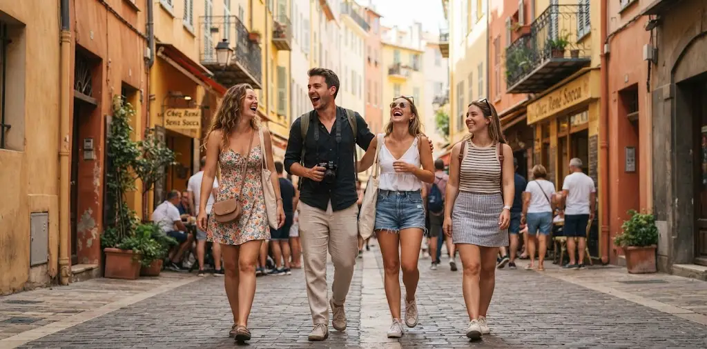 Friends Laughing Together On A French Street