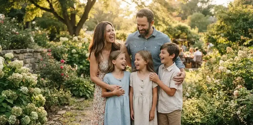 Twins Posing With Family Outdoors
