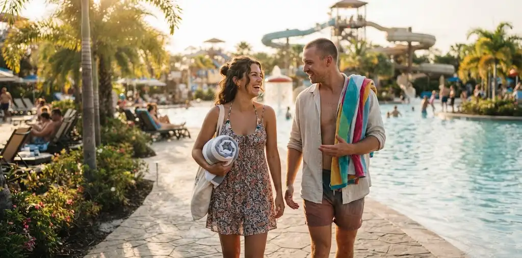 Couple Enjoying A Sunny Water Park Vacation