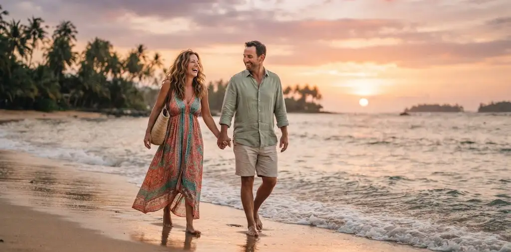 Couple Walking Beside A Tropical Beach