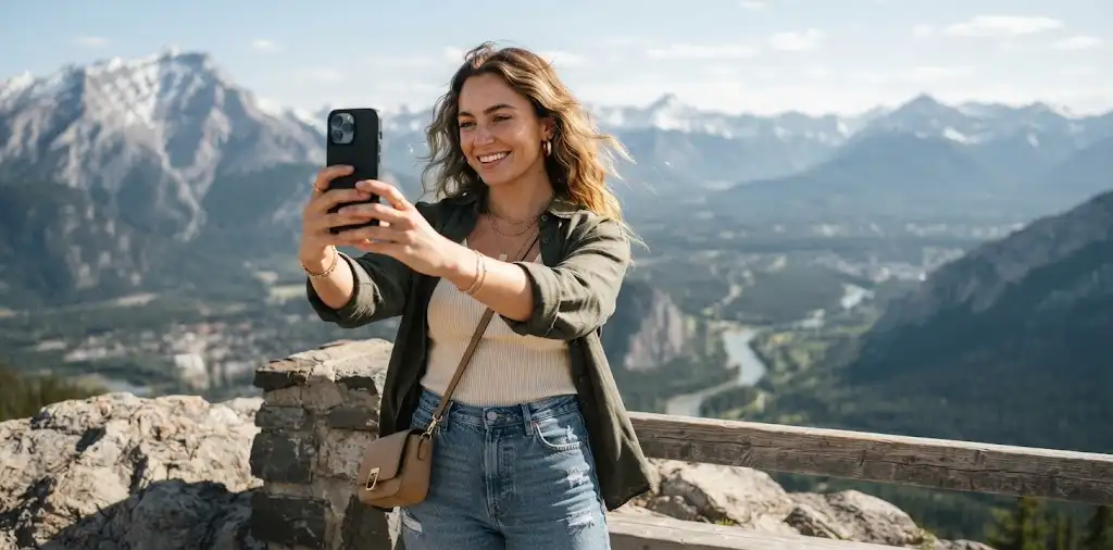 Woman Taking A Scenic Selfie Near Mountain Overlook