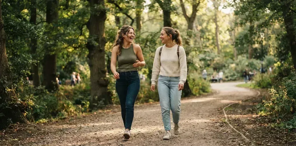 Friends walking Along A Tree-Lined Park Path
