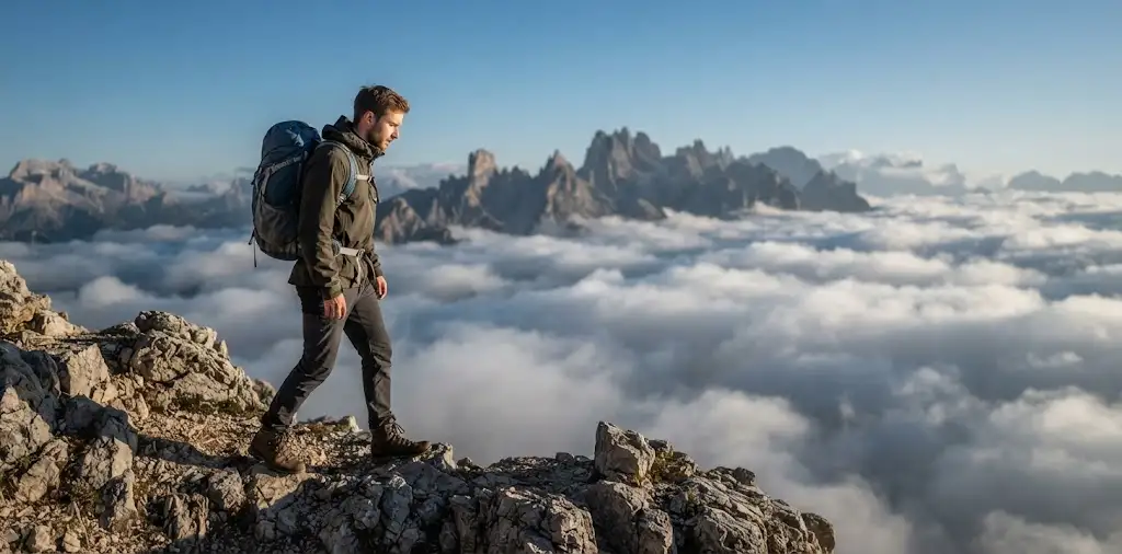 Hiker Crossing A Mountain Trail Above The Clouds
