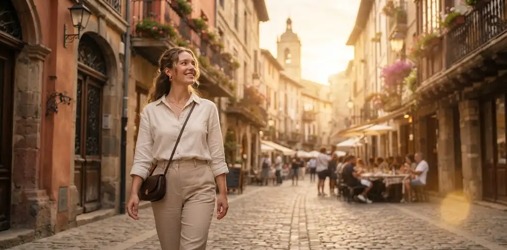 Woman Admiring A Scenic European Street At Sunset