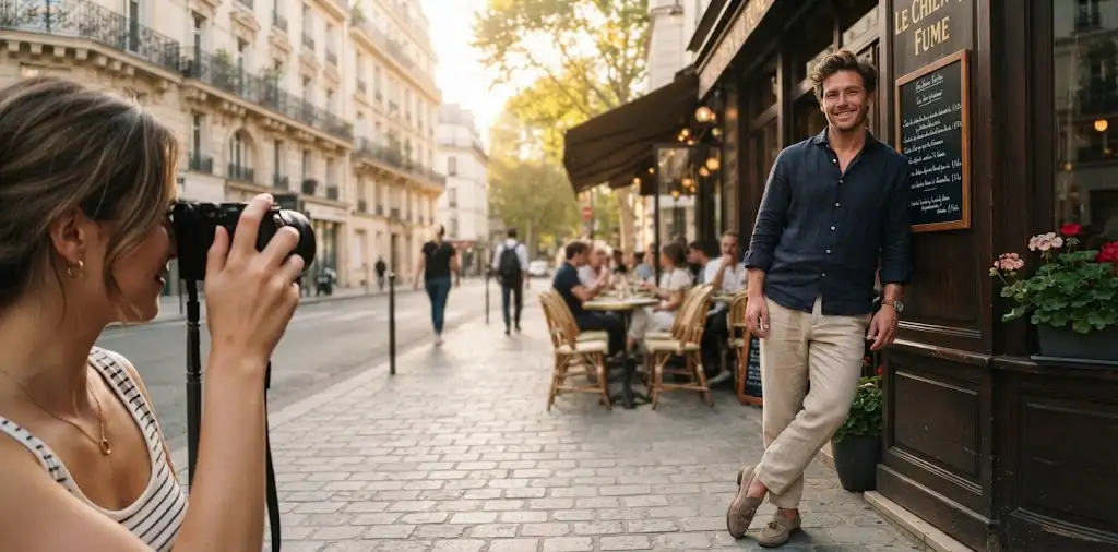 Couple Taking A Romantic Photo In Paris