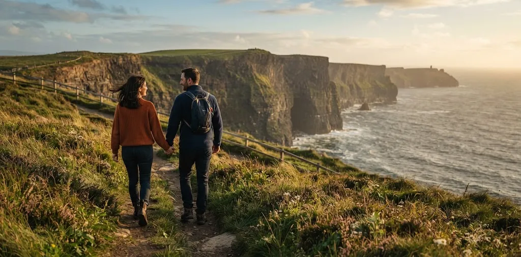 Couple Walking Together Beside Lrish Cliffs